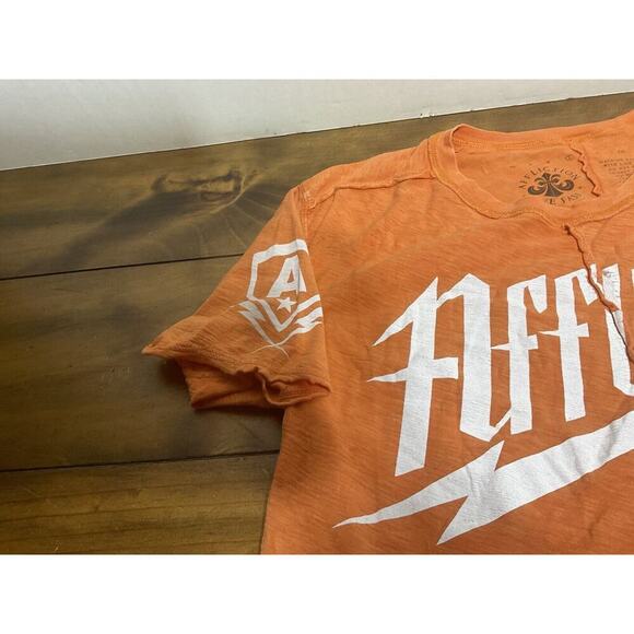 Affliction Orange Short Sleeve Distressed Logo T-Shirt Raw Seams Size Large - Picture 4 of 8